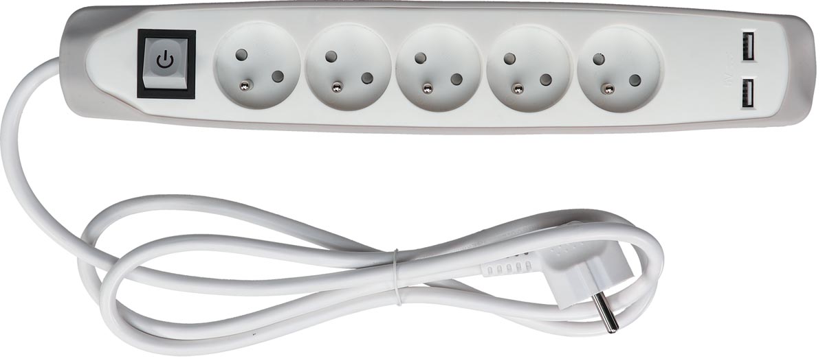 Perel stekkerdoos met 5 stopcontacten, 2 USB en schakelaar, 1,5 m, wit/grijs, voor Nederland