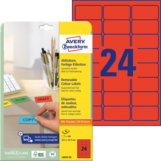 Avery afneembare gekleurde etiketten ft 63,5 x 33,9 mm (b x h), 480 stuks, 24 per blad, rood 5 stuks, OfficeTown