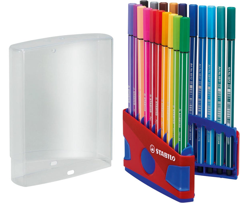 STABILO Pen 68 brush, ColorParade, rood-blauwe doos, 20 stuks in geassorteerde kleuren