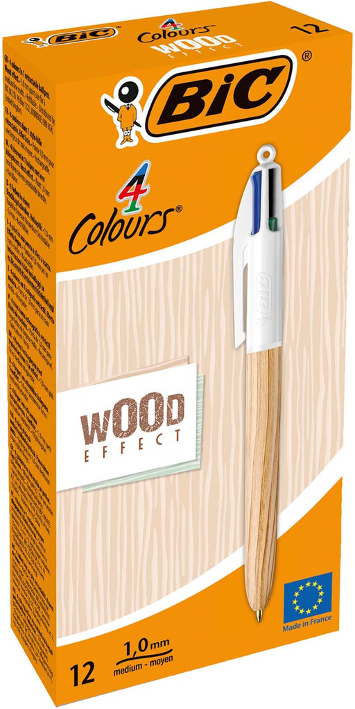 Bic 4 Colours Wood Style balpen, medium 12 stuks, OfficeTown