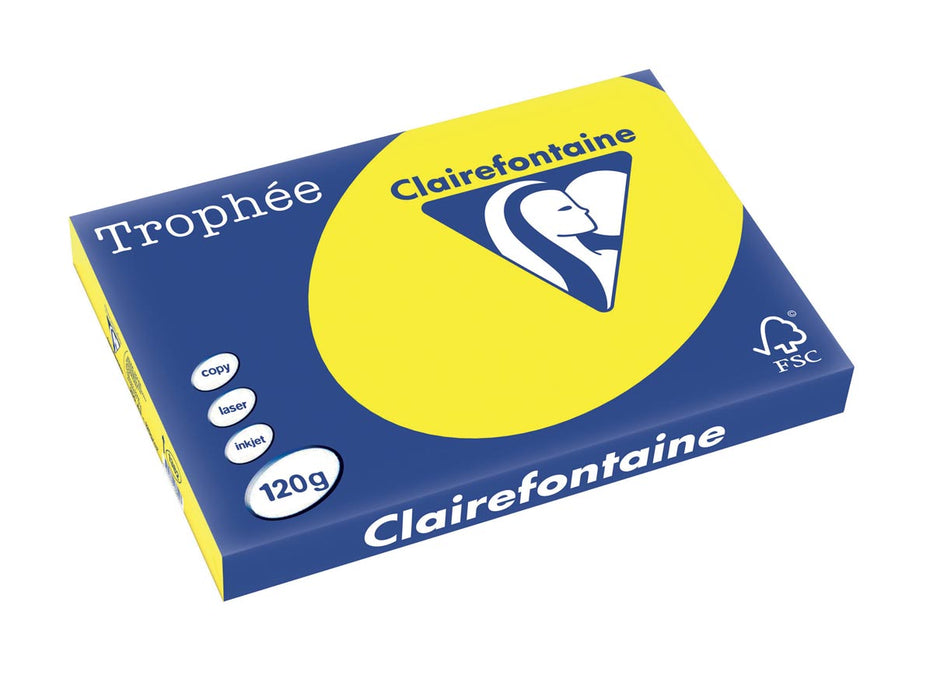 Clairefontaine Trophée Intens, gekleurd papier, A3, 120 g, 250 vel, zonnegeel - Papier van 120 g/m², geschikt voor kopieermachines, laser- en inkjetprinters. Pak van 250 vellen, ft 29,7 x 42 cm (A3), FSC Mix zonnegeel gecertificeerd.