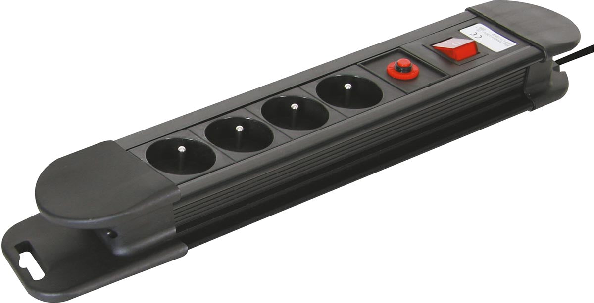 Perel stekkerdoos met 4 stopcontacten, schakelaar en overspanningsbeveiliging, zwart, voor België