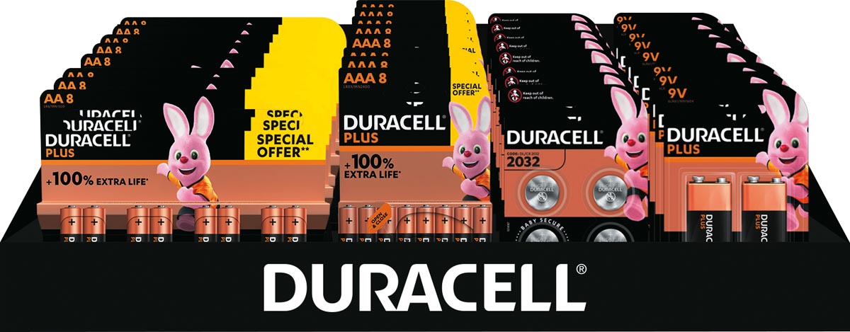 Duracell batterijen, Plus 100 % AA, AAA en 9V en CR2032, display van 41 stuks