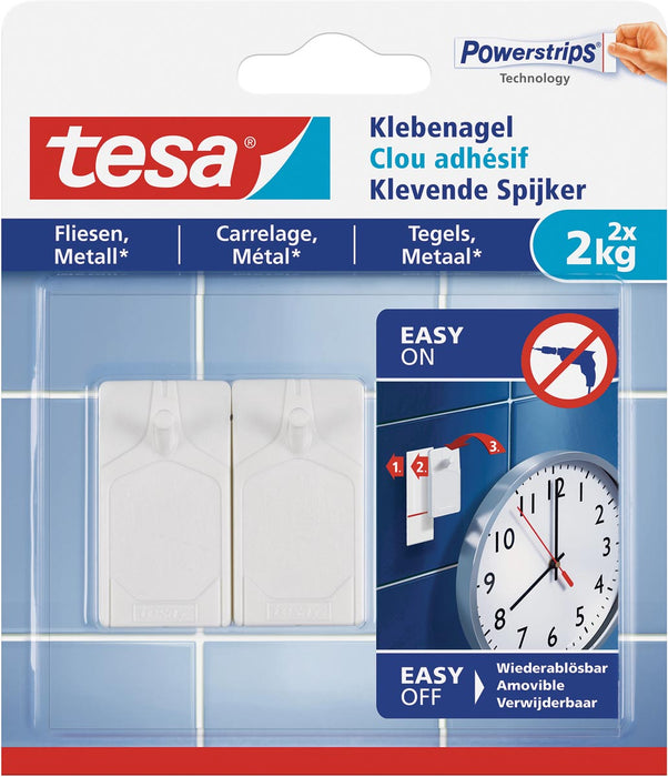 Tesa Powerstrips Klevende Spijkers voor Tegels en Metaal, draagkracht 2 kilogram, blister van 2 stuks