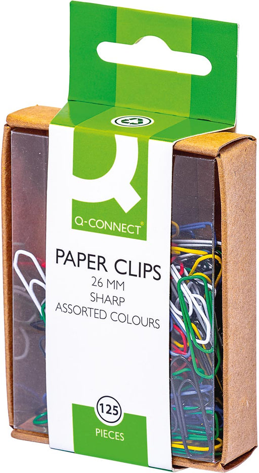 Q-CONNECT papierklemmen, 26 mm, gekleurd, doos van 125 stuks, ophangbaar 10 stuks, OfficeTown