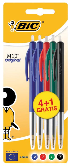 Bic balpen M10, blister 4 + 1 gratis in diverse kleuren