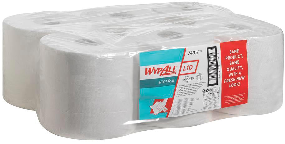 Wypall reinigingsdoeken L10, 1-laags, 6 rollen, 525 doeken, wit