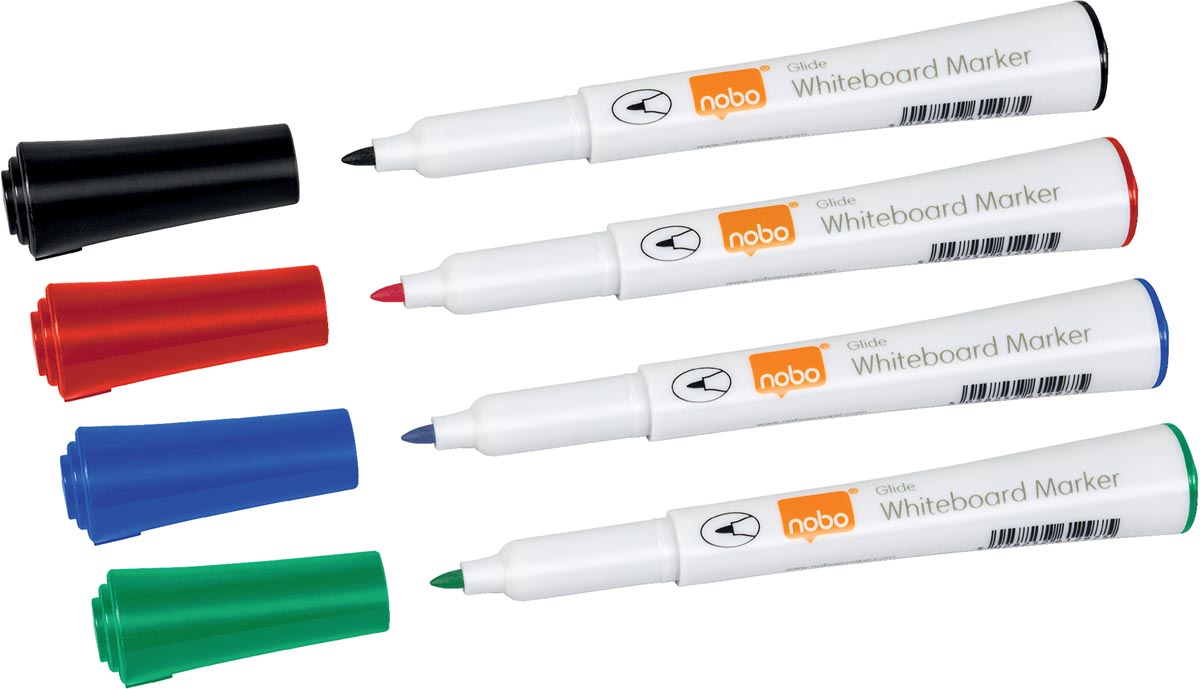 Nobo Glide whiteboardmarker, set van 4 stuks, verschillende kleuren met fijne ronde punt