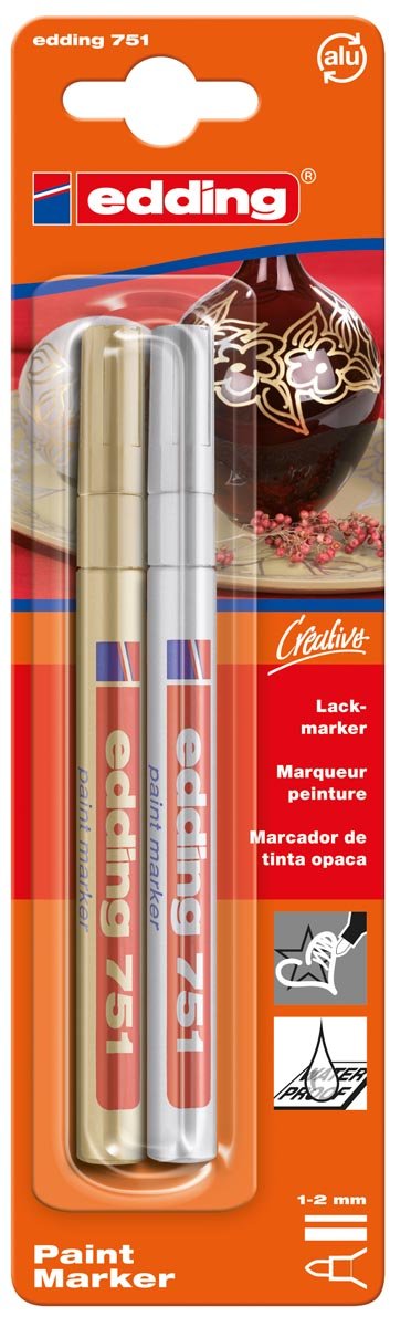Edding glanslakmarker e - 751, blister van 2 stuks, goud en zilver - OfficeTown