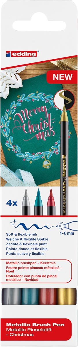 Edding metallic brushpen kerst e - 1340, assorti, pakket van 4 stuks - OfficeTown