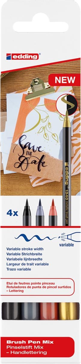Edding metallic brushpen Mix e - 1340, assorti, set van 4 stuks - OfficeTown