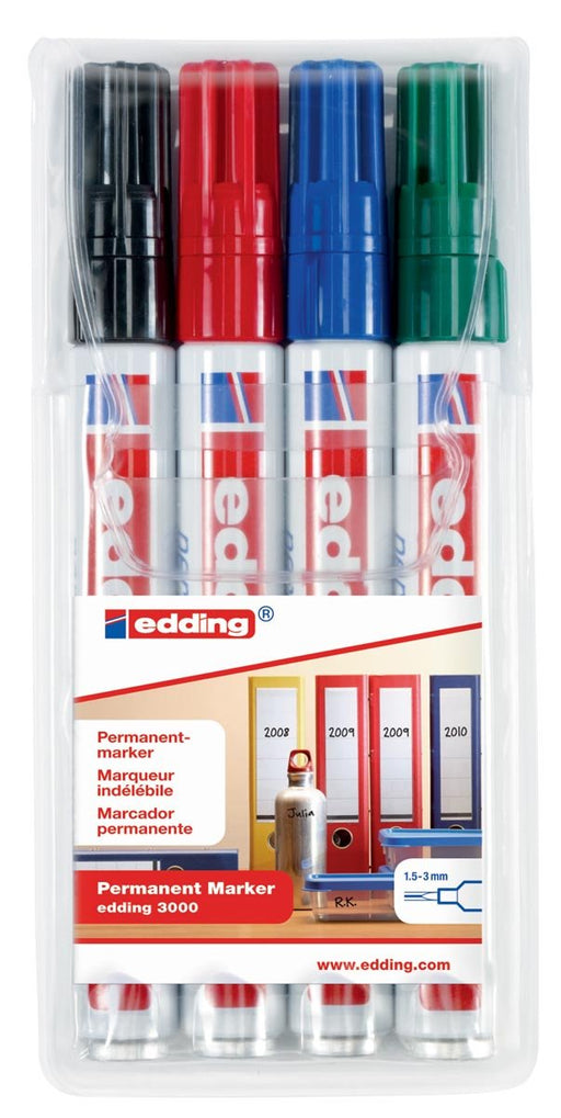 Edding permanente marker 3000, set van 4 stuks in diverse kleuren met sneldrogende inkt - OfficeTown