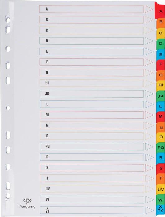 Pergamy tabbladen met indexblad, ft A4, 11-gaatsperforatie, geassorteerde kleuren, A-Z 20 met tabs 15 stuks, OfficeTown