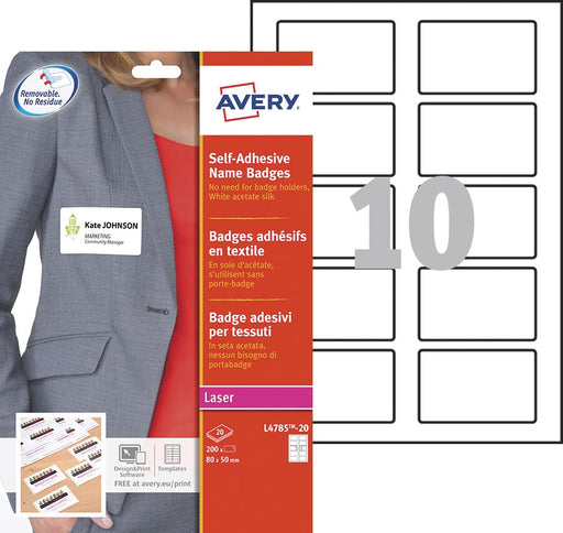 Avery L4785-20 zelfklevende badge ft 80 x 50 mm, doos van 200 stuks, wit 5 stuks, OfficeTown