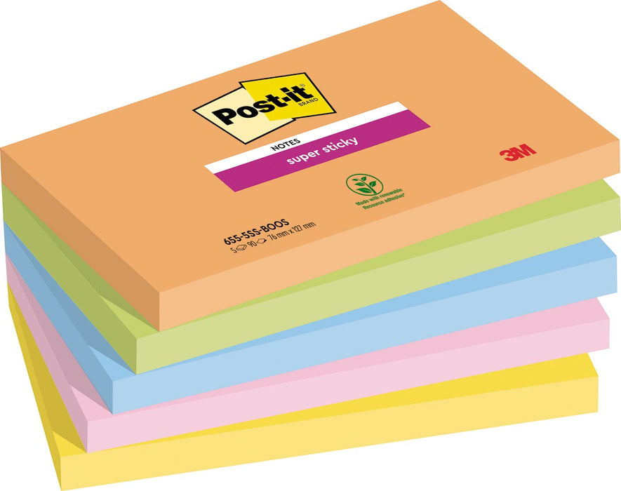 Post-it Super Sticky notities Boost, 90 vellen, afm 76 x 127 mm, assortiment kleuren, pak van 5 blokken