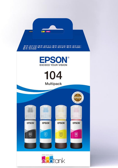 Epson inktfles 104, 4.500 - 7.500 pagina's, OEM C13T00P640, 4 kleuren - OfficeTown