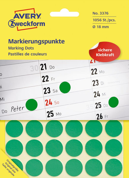 Avery Ronde etiketten 18 mm diameter, groen, 1.056 stuks Avery Zweckform