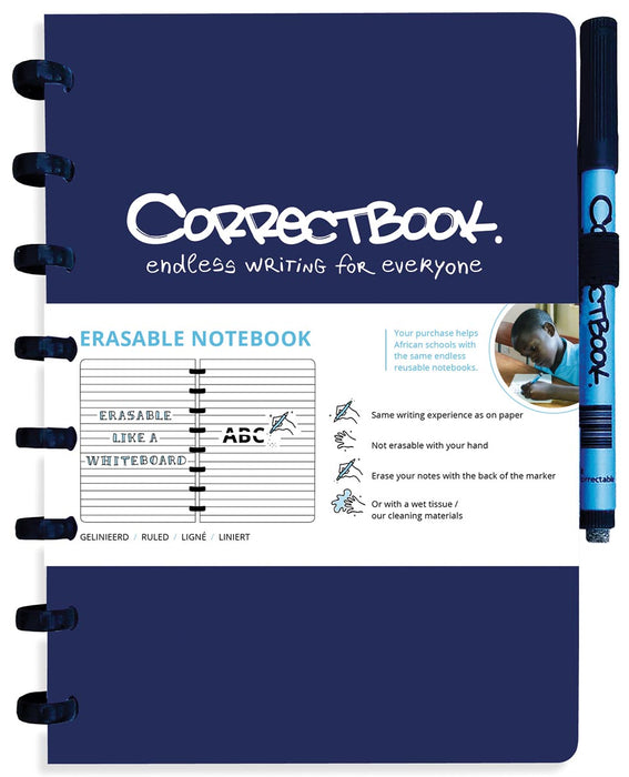 Correctbook A5 Original: Uitwisbaar / Herbruikbaar Notitieboek, Gelijnd, Midnight Blue (marineblauw) met Marker en Microvezeldoek