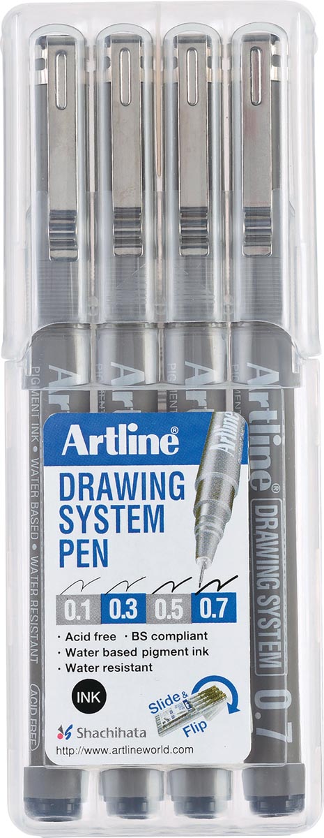 Fineliner Drawing System etui van 4 stuks: 0,1 - 0,3 - 0,5 en 0,7 mm 12 stuks, OfficeTown