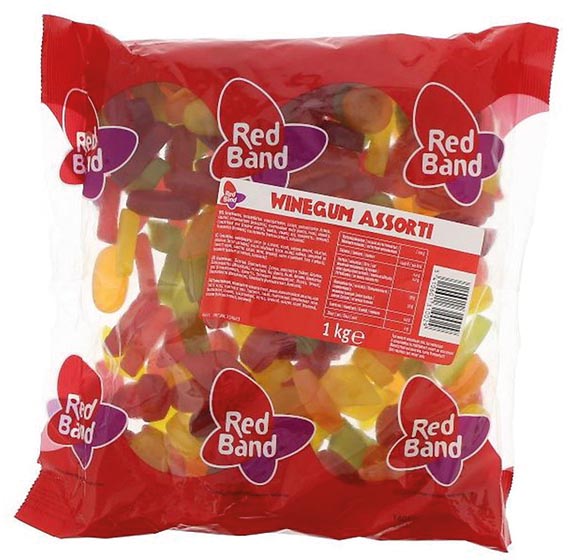 Red Band winegum, zak van 1 kg, assortiment 6 stuks, OfficeTown