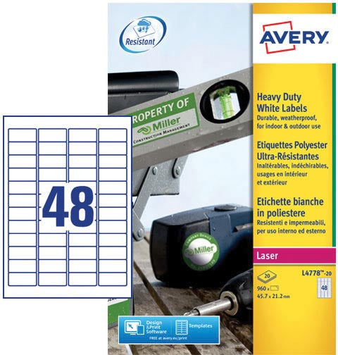 Avery L4778-20 ultra-sterke etiketten ft 45,7 x 21,2 mm (b x h), 960 etiketten, wit 5 stuks, OfficeTown
