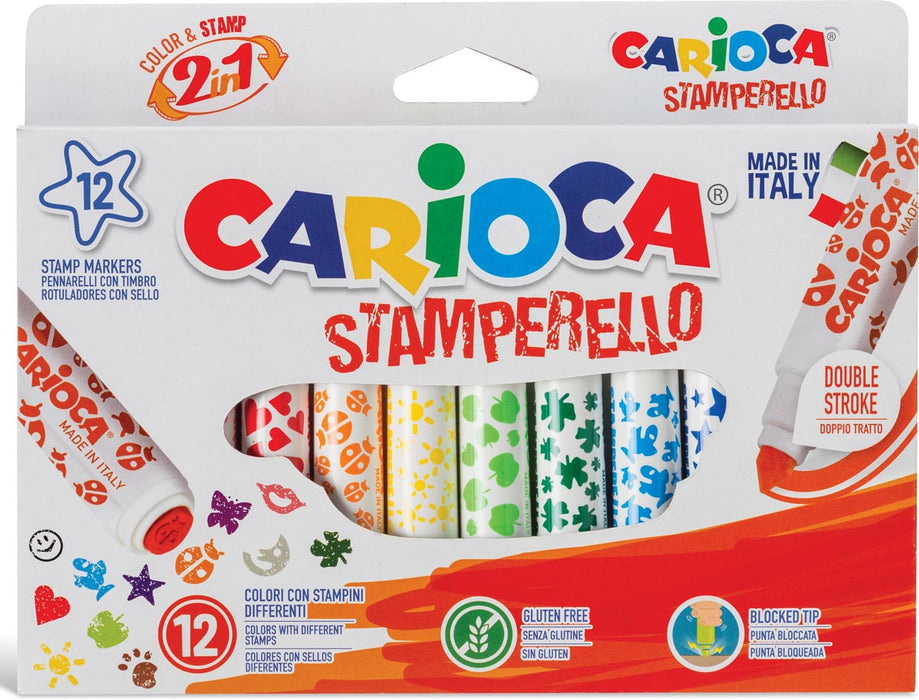 Carioca stempelstift Stamperello, 12 stiften (= 12 kleuren en 12 stempelmotieven)