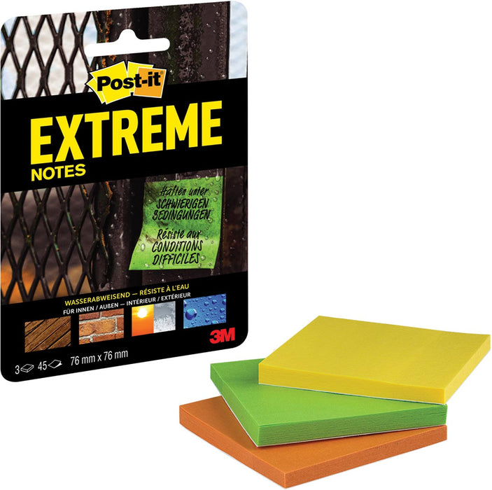 Post-it® Extreme Notes, ft 76 x 76 mm, 3 blokken van 45 blaadjes, geassorteerde kleuren
Post-it® Extreme Notes voor ruwe en moeilijke omstandigheden, 76 x 76 mm, 3 blokken: groen, oranje en geel