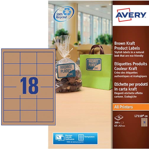 Avery L7110-20 productetiketten ft 62 x 42 mm (b x h), 360 etiketten, kraft 5 stuks, OfficeTown