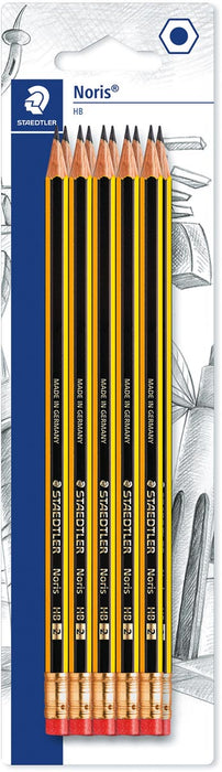 Staedtler Noris grafietpotlood HB met gom, 10 stuks - Zeskantig potlood van Upcycled hout met anti-slip oppervlak en hoge breukvastheid