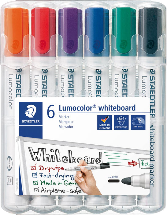 Staedtler Lumocolor whiteboardmarker etui van 6 stuks in verschillende kleuren met uitwisbare inkt