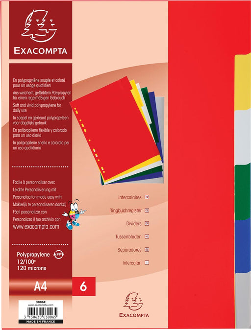 Exacompta tabbladen voor ft A4, uit PP 12/100e, 6 tabs, geassorteerde kleuren 100 stuks, OfficeTown