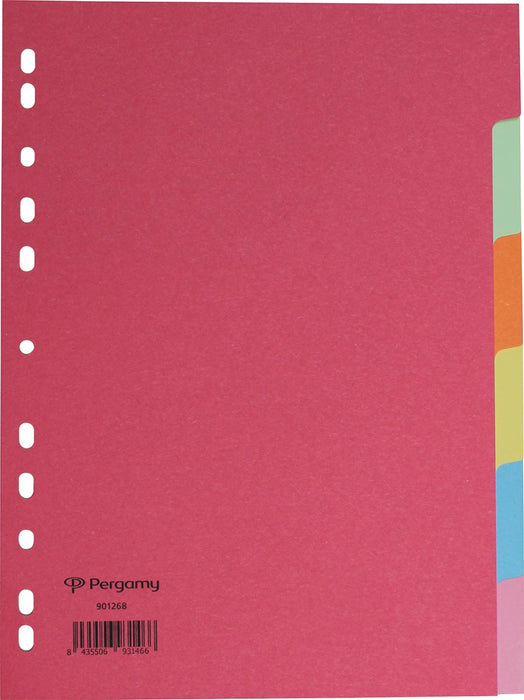 Tabbladen Pergamy ft A4, 11-gaatsperforatie, extra sterk karton, geassorteerde kleuren, 6 tabs