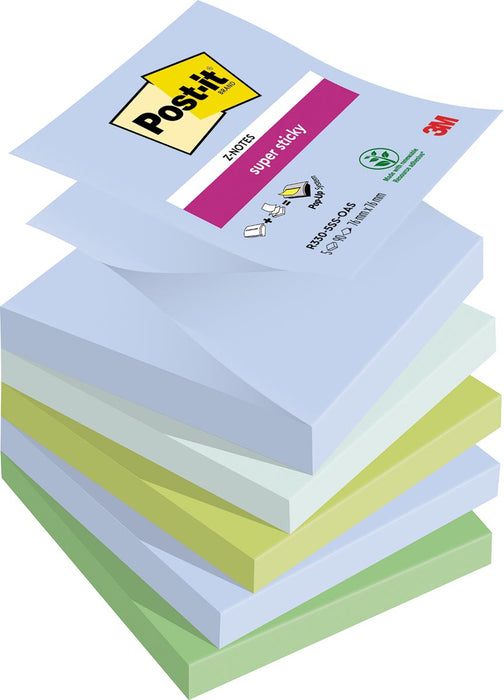 Post-it Super Sticky Z-notes Oasis, 90 vel, ft 76 x 76 mm, geassorteerde kleuren, pak van 5 blokken