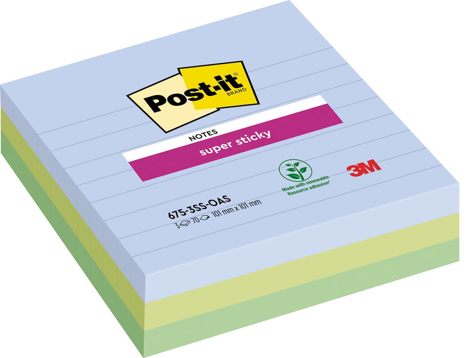 Post-it Super Sticky notes XL Oasis, 70 vel, ft 101 x 101 mm, gelijnd, assorti, pak van 3 blokken 24 stuks, OfficeTown