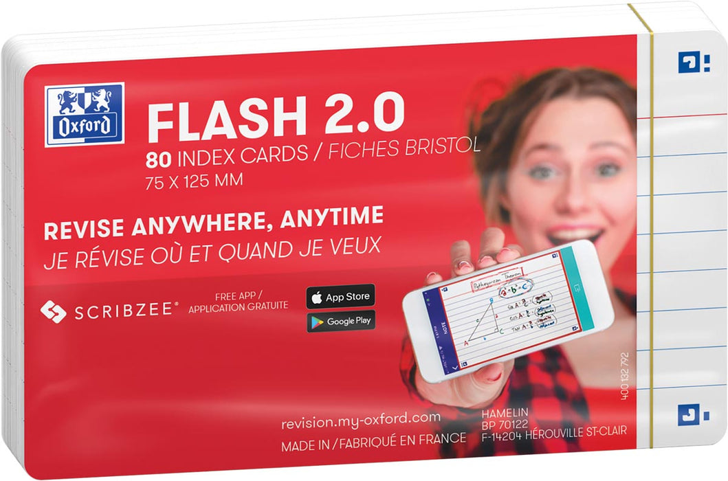 Oxford Flash 2.0 flashcard starterkit, gelijnd, A7, wit, pak van 80 vel 20 stuks