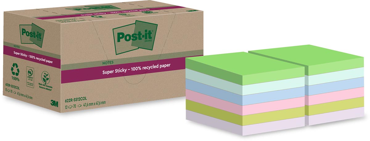Post-it Super Sticky Notes Gerecycled, 70 vellen, afm 47,6 x 47,6 mm, assorti, doos van 12 blokken