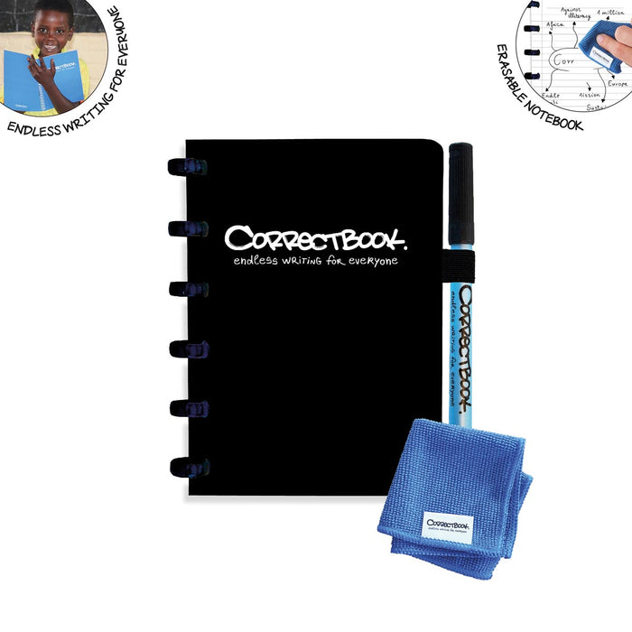 Correctbook A6 Original: Uitwisbaar, Herbruikbaar Notitieboek, Gelijnd, Ink Black (Zwart) met Marker en Microvezeldoek