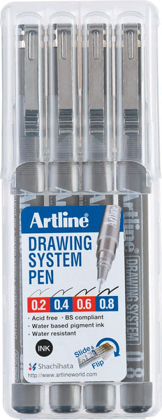Fineliner Tekensysteem etui van 4 stuks: 0,2 - 0,4 - 0,6 en 0,8 mm