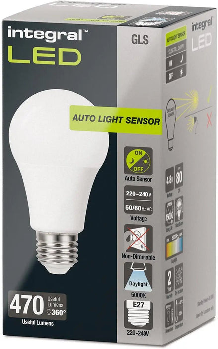 Integral Classic Globe LED Lamp E27, Dag/Nacht Sensor, Niet Dimbaar, 5.000 K, 4,8 W, 470 Lumen - OfficeTown