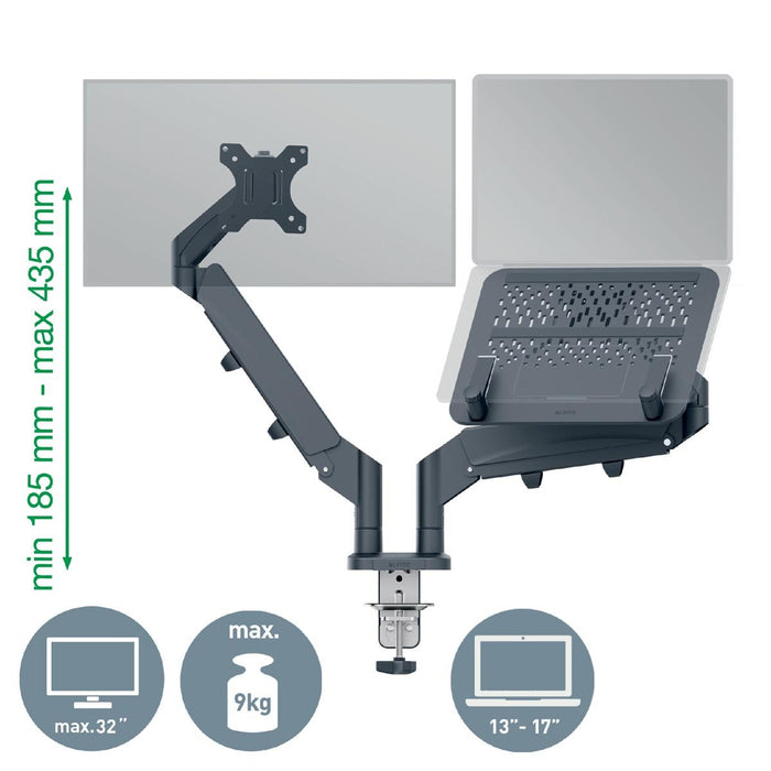 Leitz Ergo ruimtebesparende monitorarm, dubbele arm met 1 laptoparm, grijs - OfficeTown