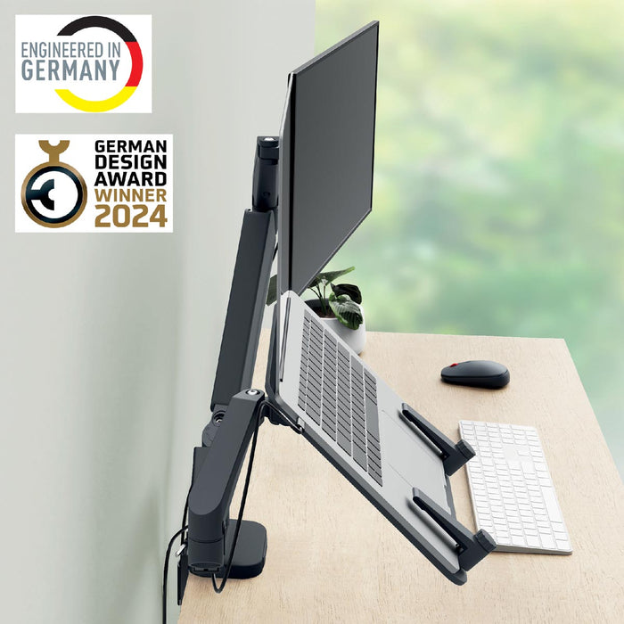 Leitz Ergo ruimtebesparende monitorarm, dubbele arm met 1 laptoparm, grijs - OfficeTown