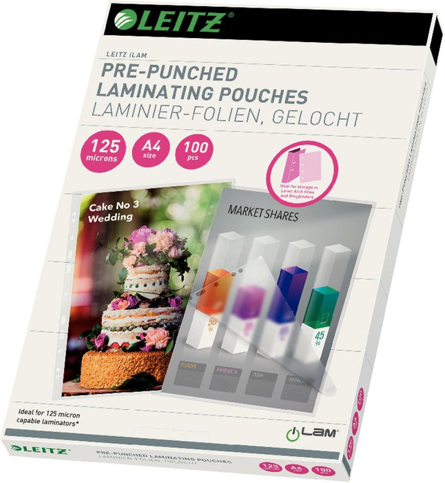 Leitz iLAM lamineerhoes ft A4, 250 micron (2 x 125 micron), geperforeerd, pak van 100 stuks - OfficeTown