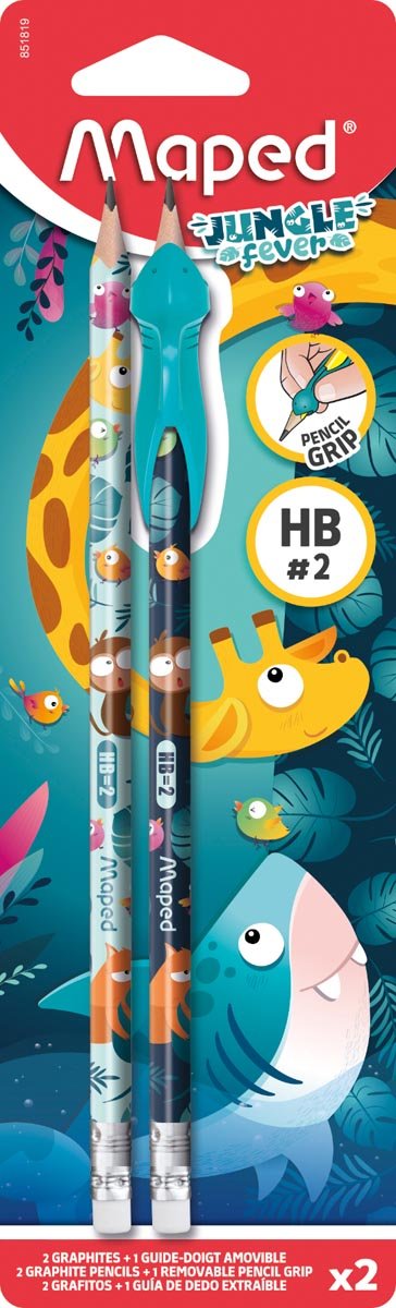 Maped grafietpotlood Jungle Fever HB met gom, + leerhulpmiddel, blister van 2 stuks, assorti - OfficeTown