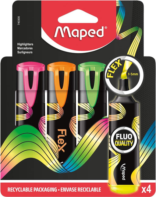 Markeerstiften Maped Fluo'Peps Flex, assorti, doosje van 4 stuks - OfficeTown