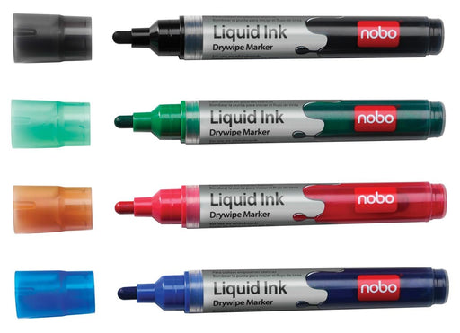 Nobo Whiteboard Marker Assortiment: Zwart, groen, rood en blauw, blister van 4 stuks - OfficeTown