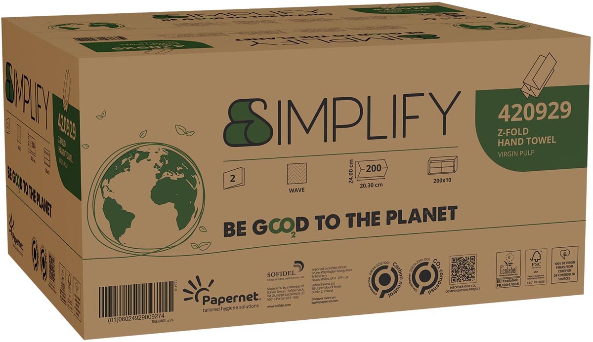 Papernet papieren handdoeken Simplify, Z - vouw, 2 - laags, 200 vellen, pak van 10 stuks - OfficeTown