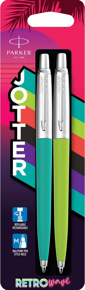 Parker Jotter Originals balpen 80's Retro Wave, blister van 2 stuks (groen en blauw) - OfficeTown