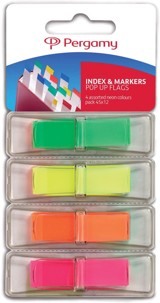 Pergamy index ft 45 x 12 mm, blister met 4 geassorteerde neonkleuren, met dispenser → Markeerstrookjes Pergamy ft 45 x 12 mm, blister met 4 geassorteerde neonkleuren, inclusief dispenser - OfficeTown