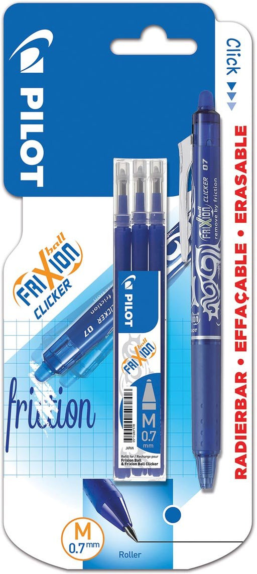 Pilot gelroller Frixion Ball Clicker, blister van 4 stuks (1 gelroller + 3 vullingen), blauw - Uitwisbare inkt, Navulbaar - OfficeTown