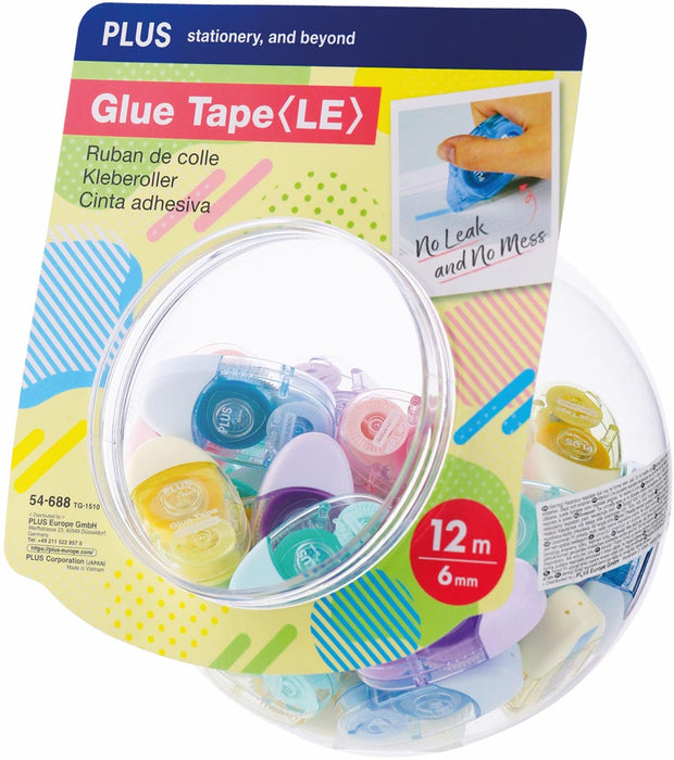 Plus lijmroller, 12 m x 6 mm, display van 30 stuks in geassorteerde kleuren - OfficeTown